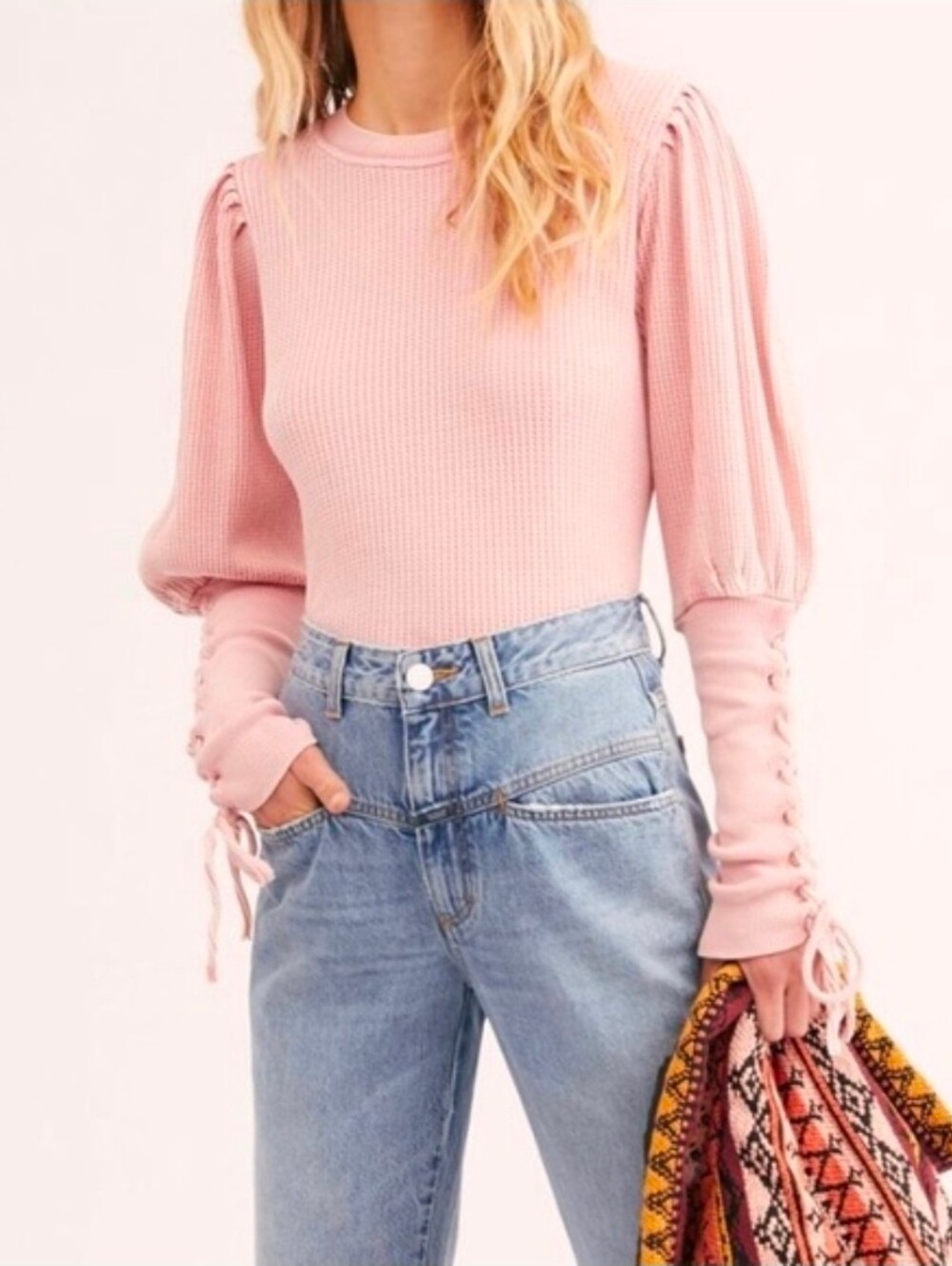 Free People FP One Lace Up Sleeve Thermal Top Pink XL